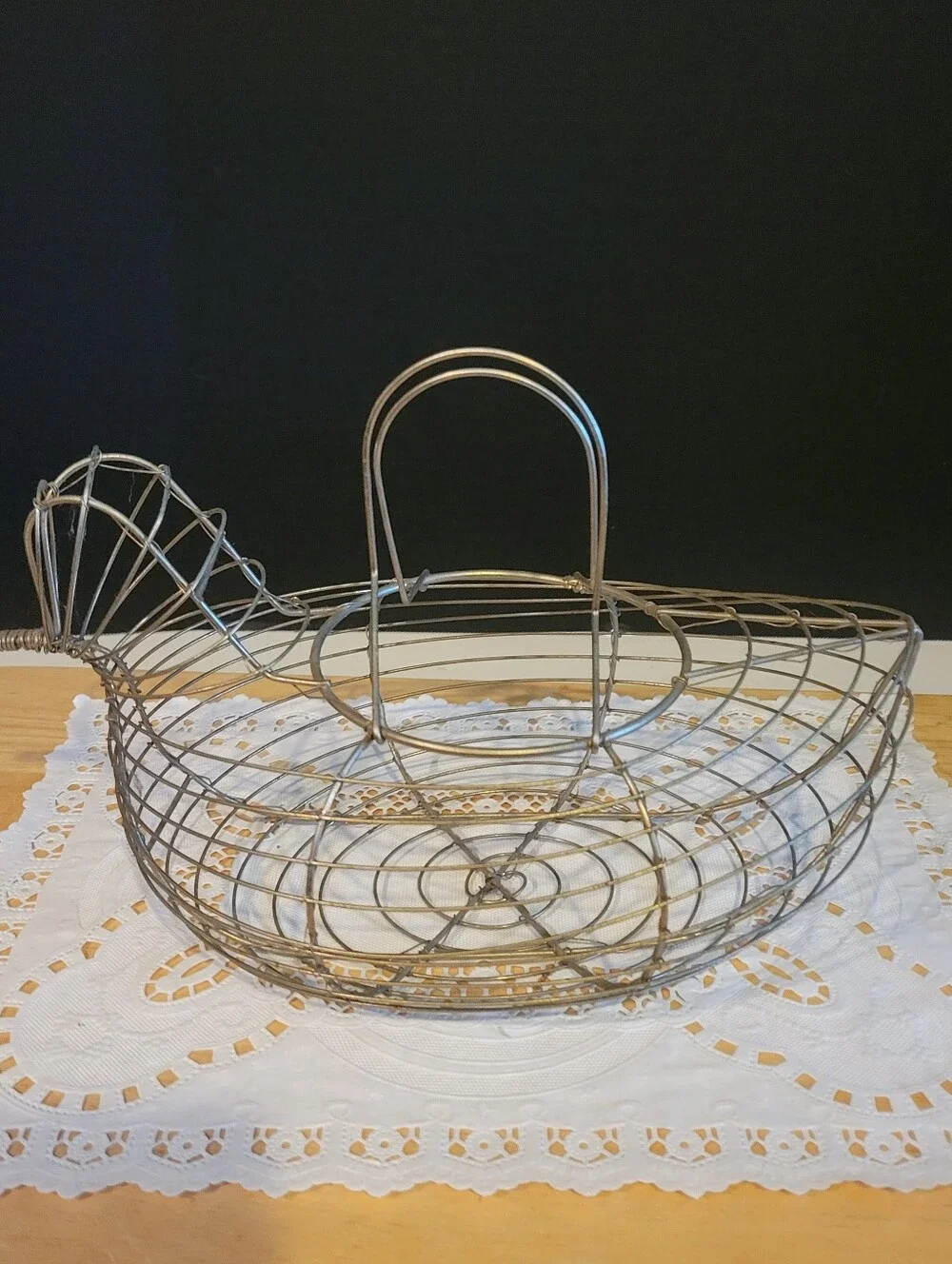 Vintage Wire Egg Collecting Basket Chicken Primitive Country Farmhouse Gold Tone